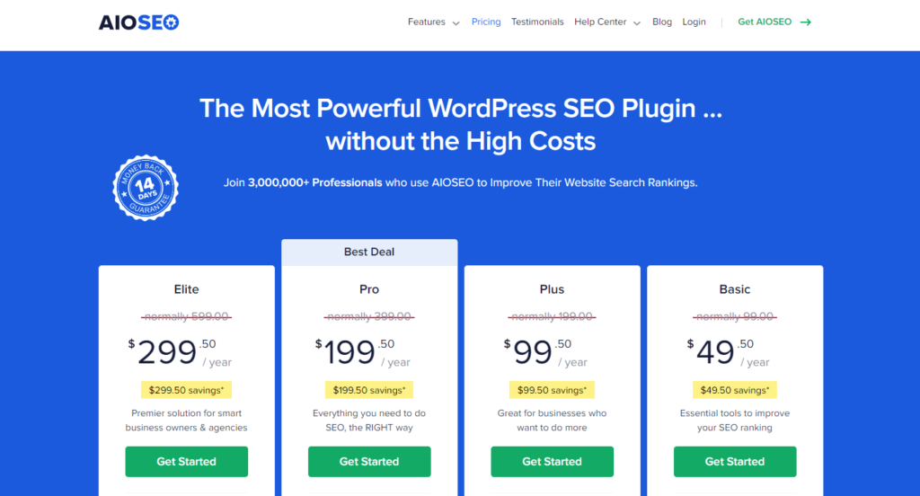 AIOSEO plans pricing