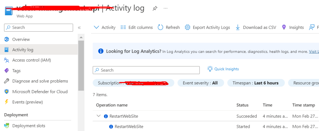 webApp activity log updating
