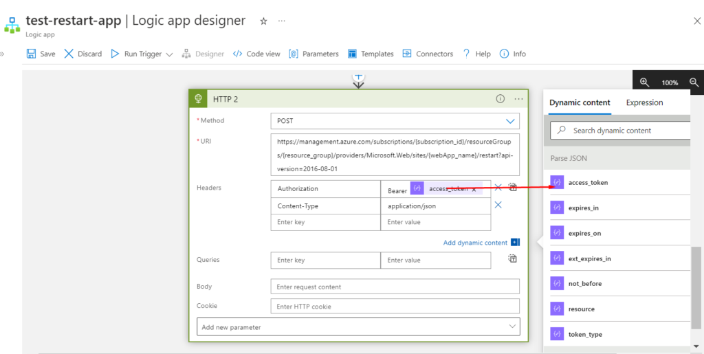The access token from the previous step needs to be passed into the Authorization field.