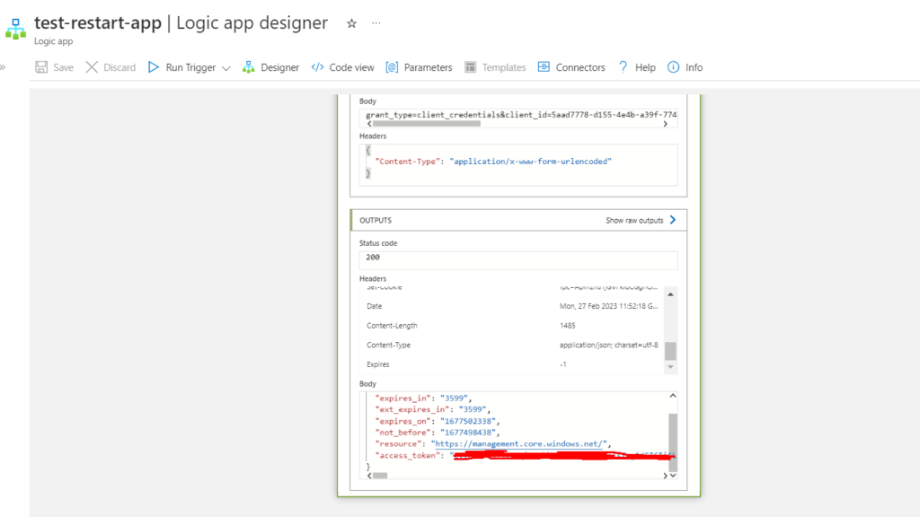 A JSON result containing an access token value, which is required to restart the app.
