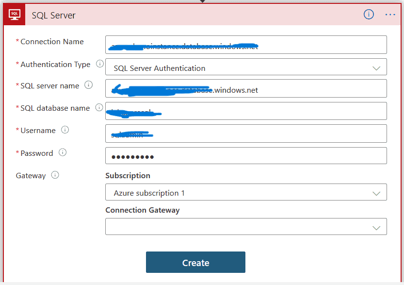 Azure subscription with SQL database name and credentials