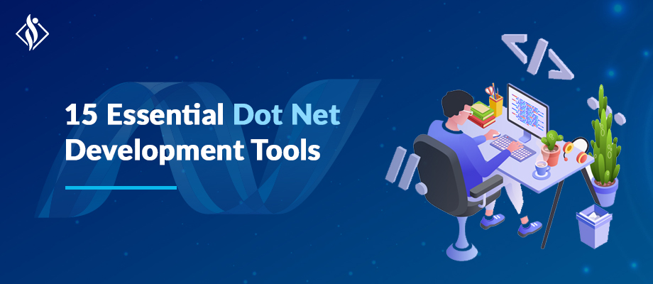A man sitting on a chair and using a computer is researching Dot NET development tools.