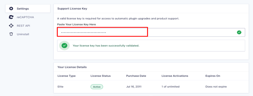 Gravity Forms license key dashboard