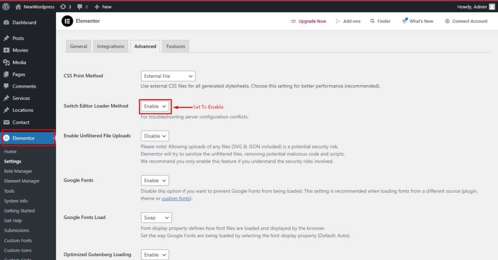 Elementor editor setting dashboard