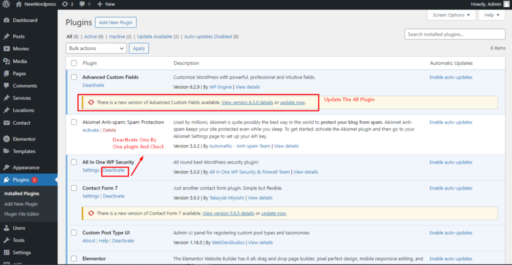 Wordpress plugins dashboard