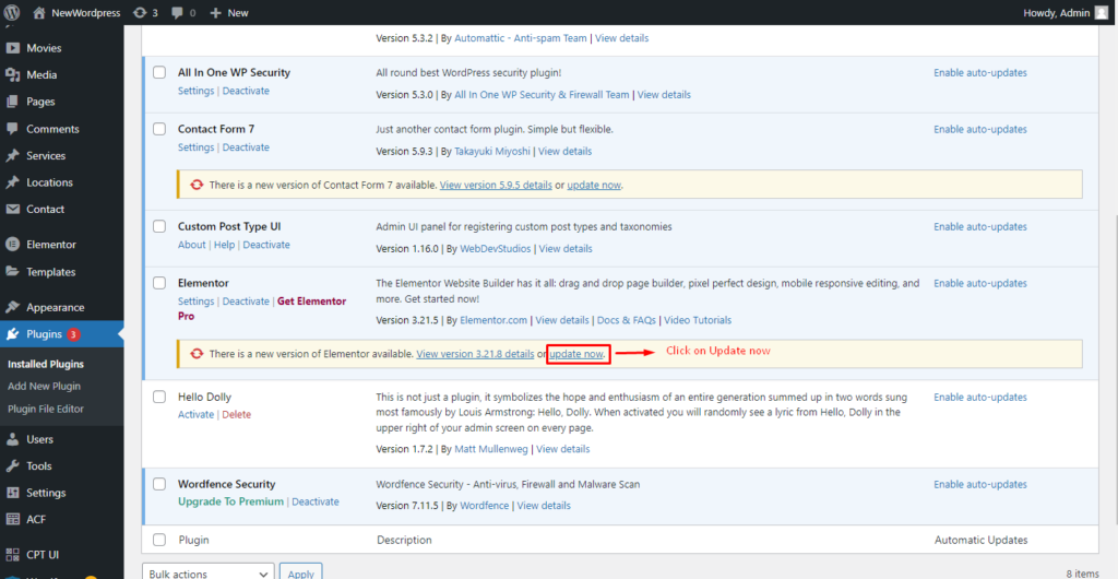 Wordpress installed plugins dashboard