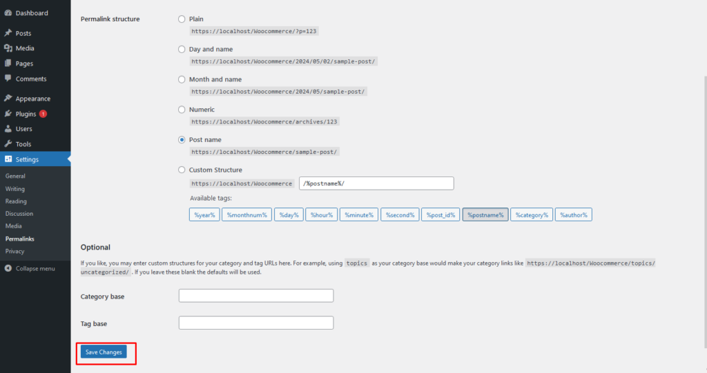 WordPress permalinks dashboard