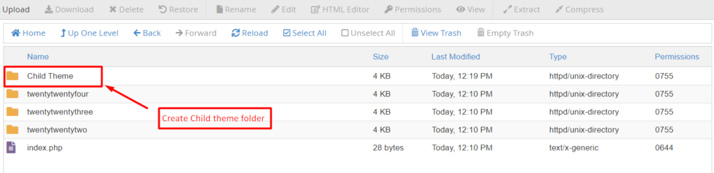 Creating new child theme folder in wordpress cpanel