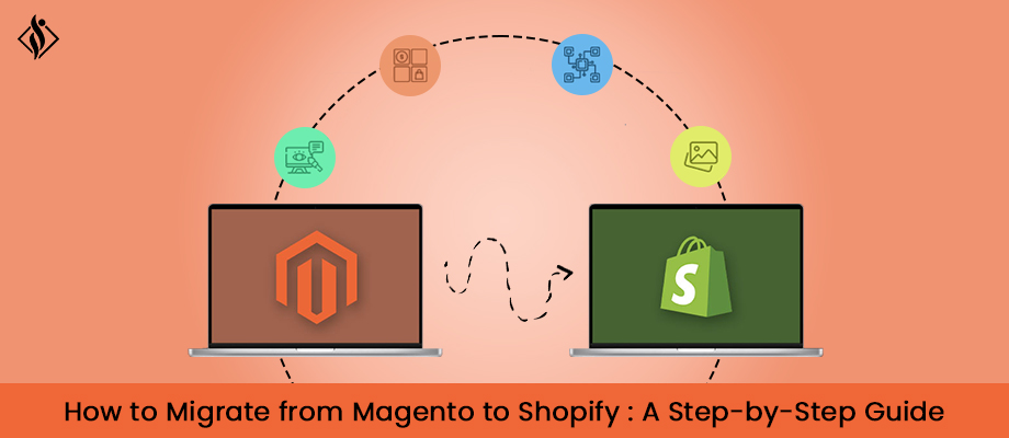 A laptops with icons and symbols are showing Magento to Shopify migration process