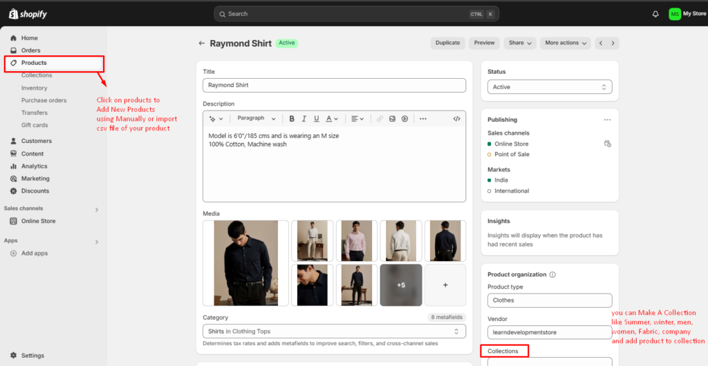 New product add dashboard in shopify store