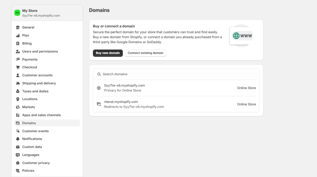 Shopify domain selection dashboard