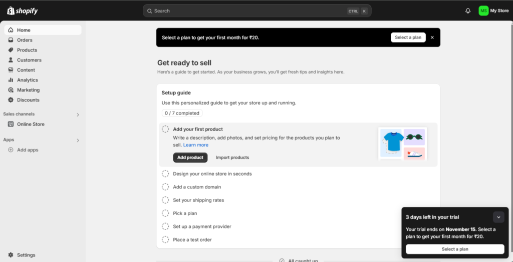 Shopify first setup dashboard