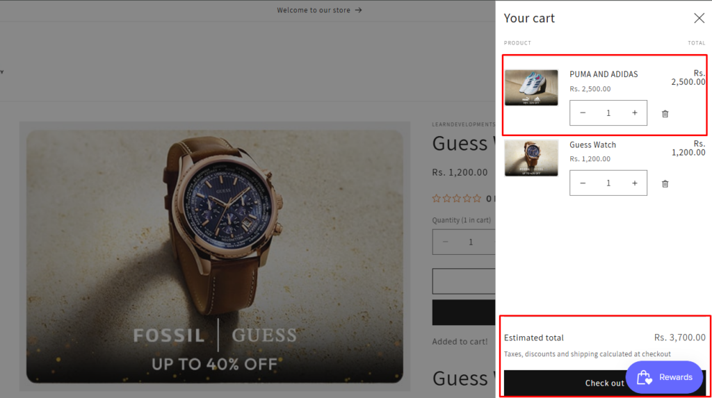 Shopify product total price checkout