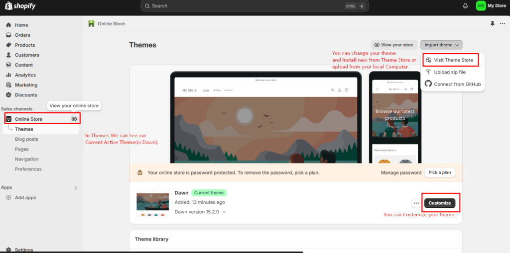Shopify theme selection dashboard