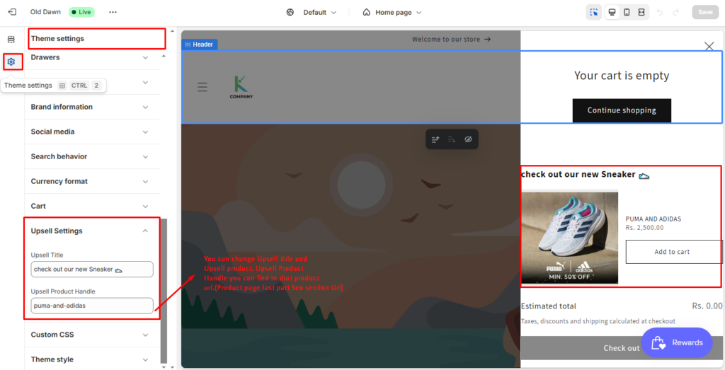 Shopify upsell settings dashboard
