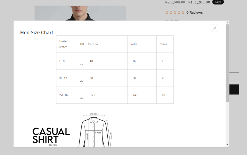 Shopify men shirt size chart