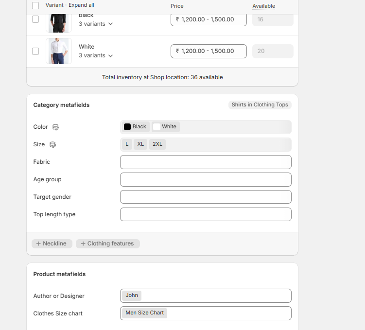 Shopify metafield setup in product