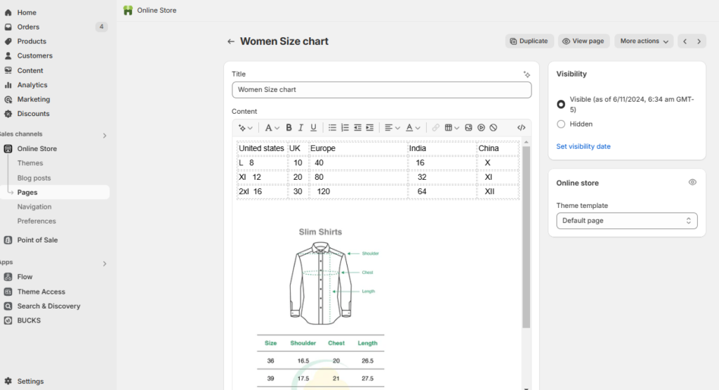 Shopify product size chart