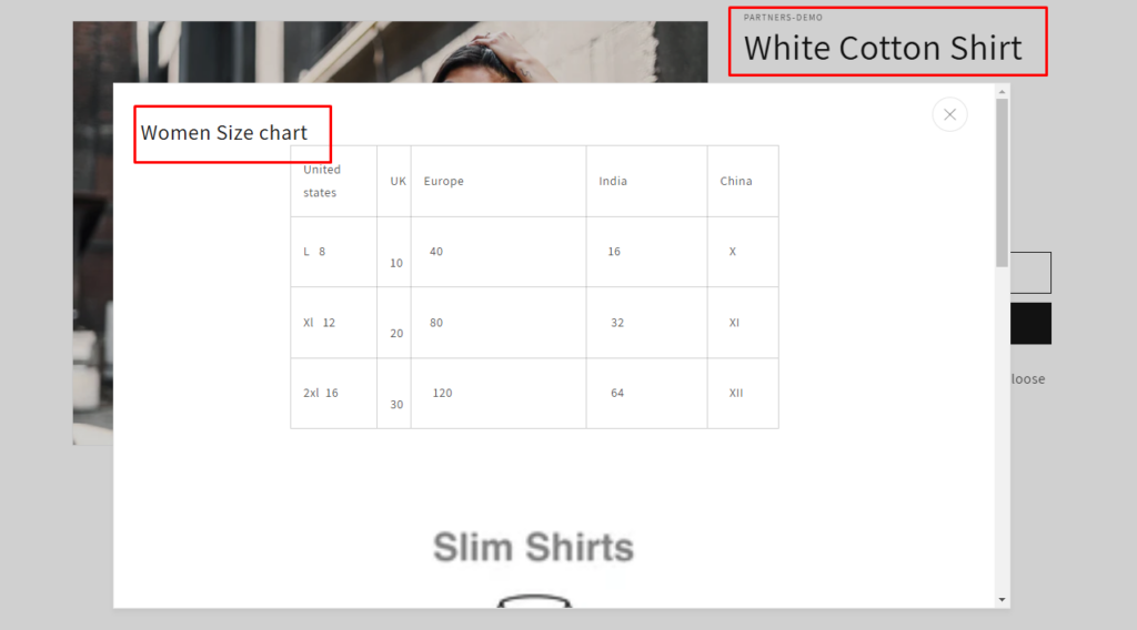 Shopify women shirt product size