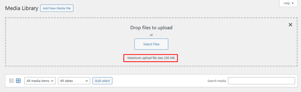 WordPress media library dashboard