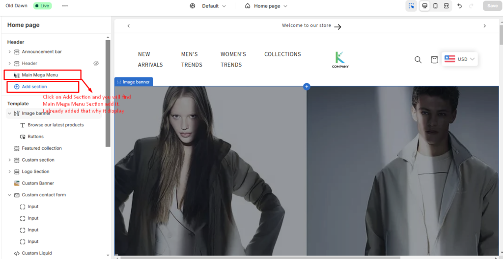 Create new mega menu in Shopify