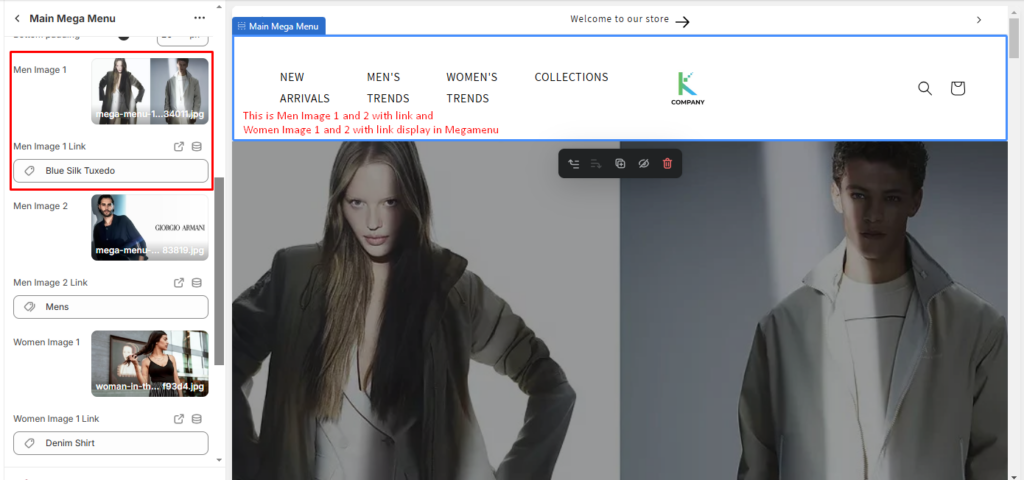 Selecting Men and women megamenu image and set Link of it