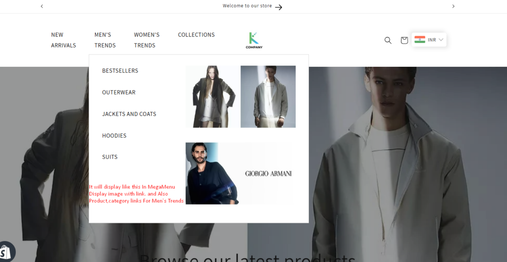 Shopify mega menu view with Men & Women images