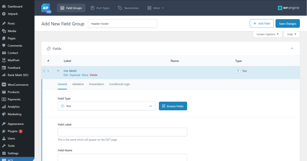 ACF field dashboard in WordPress