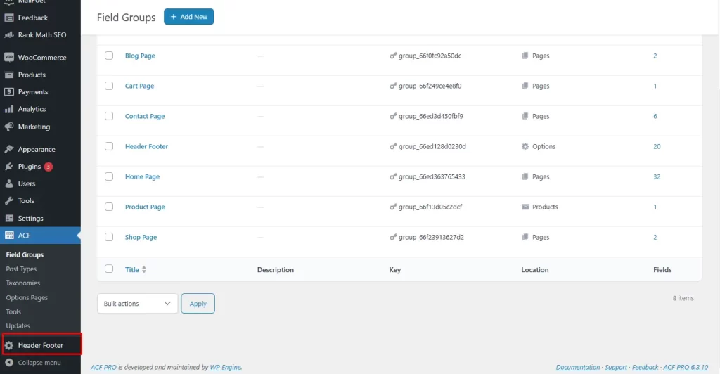 ACF field dashboard in WordPress