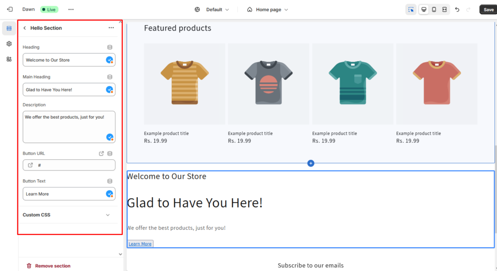 adding section in shopify